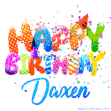 Animated GIF with colorful, festive 'Happy Birthday Daxen' text decorated with patterns, a party hat, and falling confetti. A vibrant and cheerful design for birthday celebrations.