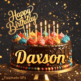 Shimmering gold star particles and bokeh lights surrounding a chocolate birthday cake custom-made for Daxson.