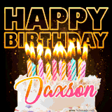 A vibrant animated GIF featuring a delicious birthday cake topped with glowing candles and the name 'Daxson' in elegant script, and the words 'Happy Birthday' on the black background.