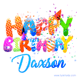 Animated GIF with colorful, festive 'Happy Birthday Daxson' text decorated with patterns, a party hat, and falling confetti. A vibrant and cheerful design for birthday celebrations.