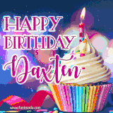 A festive animated GIF featuring a colorful cupcake with a single lit candle, sprinkles, and 'Happy Birthday Daxten' text against a sparkling, celebratory background.