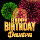 A captivating GIF with bursts of green, pink, and orange fireworks lighting up the night sky, accompanied by 'Happy Birthday Daxten' in glowing golden text.