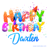 Animated GIF with colorful, festive 'Happy Birthday Daxten' text decorated with patterns, a party hat, and falling confetti. A vibrant and cheerful design for birthday celebrations.