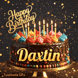 Burning birthday candles on top of a chocolate drip cake decorated with colorful icing dollops and sprinkles, personalized for Daxtin.