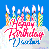A cheerful animated GIF featuring colorful lit birthday candles on a white cake, with the text 'Happy Birthday Daxton' in bold red and blue script on a bright blue background.