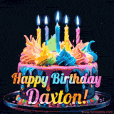 A vibrant animated GIF featuring a colorful rotating birthday cake with bright frosting swirls, glowing candles, and the text 'Happy Birthday Daxton!' in rainbow colors.