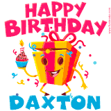 A funny animated birthday GIF with the words 'Happy Birthday Daxtona', colorful gift box with arms and legs, holding a cupcake with a lit candle  with confetti everywhere.