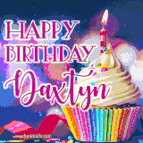 A festive animated GIF featuring a colorful cupcake with a single lit candle, sprinkles, and 'Happy Birthday Daxtyn' text against a sparkling, celebratory background.