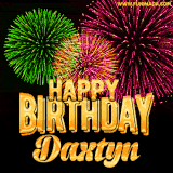 A captivating GIF with bursts of green, pink, and orange fireworks lighting up the night sky, accompanied by 'Happy Birthday Daxtyn' in glowing golden text.