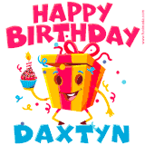 A funny animated birthday GIF with the words 'Happy Birthday Daxtyna', colorful gift box with arms and legs, holding a cupcake with a lit candle  with confetti everywhere.