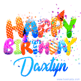 Animated GIF with colorful, festive 'Happy Birthday Daxtyn' text decorated with patterns, a party hat, and falling confetti. A vibrant and cheerful design for birthday celebrations.