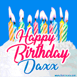 A cheerful animated GIF featuring colorful lit birthday candles on a white cake, with the text 'Happy Birthday Daxx' in bold red and blue script on a bright blue background.