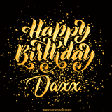 Animated GIF with colorful, festive 'Happy Birthday Daxx' text decorated with patterns, a party hat, and falling confetti. A vibrant and cheerful design for birthday celebrations.