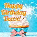 A cheerful animated GIF of a cupcake with creamy frosting, a red checkered ribbon, and a bright sparkler on top. The text 'Happy Birthday Daxx!' is displayed in vibrant orange and red.