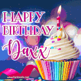 A festive animated GIF featuring a colorful cupcake with a single lit candle, sprinkles, and 'Happy Birthday Daxx' text against a sparkling, celebratory background.
