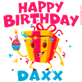 A funny animated birthday GIF with the words 'Happy Birthday Daxxa', colorful gift box with arms and legs, holding a cupcake with a lit candle  with confetti everywhere.