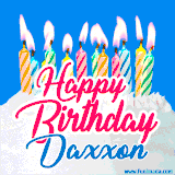 A cheerful animated GIF featuring colorful lit birthday candles on a white cake, with the text 'Happy Birthday Daxxon' in bold red and blue script on a bright blue background.