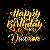 Animated GIF with colorful, festive 'Happy Birthday Daxxon' text decorated with patterns, a party hat, and falling confetti. A vibrant and cheerful design for birthday celebrations.