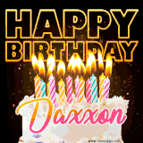 A vibrant animated GIF featuring a delicious birthday cake topped with glowing candles and the name 'Daxxon' in elegant script, and the words 'Happy Birthday' on the black background.
