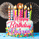 A lively happy birthday animated GIF showcasing a colorful birthday cake covered in sprinkles, topped with glowing candles, and surrounded by vibrant fireworks. The name 'Daxxon' is featured in elegant script.