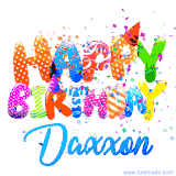 Animated GIF with colorful, festive 'Happy Birthday Daxxon' text decorated with patterns, a party hat, and falling confetti. A vibrant and cheerful design for birthday celebrations.