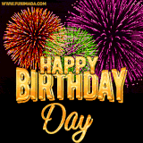 A golden 'Happy Birthday Day' message with vibrant fireworks in the background, creating a festive and celebratory vibe in this animated name GIF.