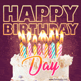 A colorful birthday cake topped with lit candles, with the words 'Happy Birthday Day' in bold glowing letters on a burgundy background. Animated flames add a festive touch.