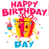 A vibrant and funny gift box character with a happy face dancing with a cupcake and the text 'Happy Birthday Day,' surrounded by animated confetti and party vibes.