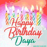 Bright birthday candles with rainbow flames on a cake, alongside the text 'Happy Birthday Daya' in vibrant script in this celebratory animated GIF.