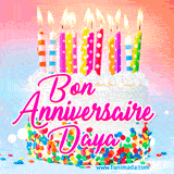 A white birthday cake covered in colorful sprinkles, topped with bright candles, and French text 'Bon Anniversaire Daya' on a pastel gradient background in an animated GIF.