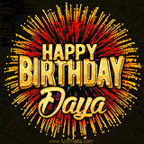 Golden 'Happy Birthday Daya' text accompanied by animated rainbow fireworks for a festive animated greeting.