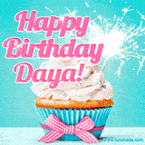 A festive cupcake with pink icing, a gingham bow, and a lit animated sparkler, paired with 'Happy Birthday Daya!' in bright pink text.