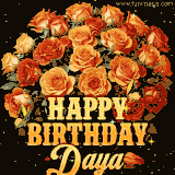 Animated bouquet of orange roses with moving butterfles and golden 'Happy Birthday Daya' text, surrounded by sparkling accents and a dark backdrop for a luxurious feel.