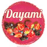 Beautifully decorated red velvet berry birthday cake with vibrant fruits and a glowing 'Dayami' name, adding a touch of sweetness and sparkle.
