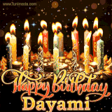 A glowing personalized birthday GIF with name Dayami featuring lit candles with intricate designs, warm lighting, and the text 'Happy Birthday' in an elegant font.