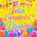 A bright and festive GIF with the text 'Feliz Cumpleaños Dayami' in Spanish in colorful fonts, surrounded by confetti, balloons, and festive banners on a vibrant yellow background.