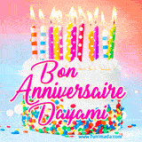 A white birthday cake covered in colorful sprinkles, topped with bright candles, and French text 'Bon Anniversaire Dayami' on a pastel gradient background in an animated GIF.