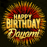 Golden 'Happy Birthday Dayami' text accompanied by animated rainbow fireworks for a festive animated greeting.