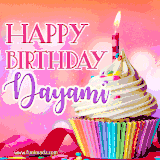 A vibrant birthday GIF featuring a rainbow-colored cupcake topped with white frosting, sprinkles, and a lit candle. The text reads 'Happy Birthday Dayami' in bold pink and violet letters with white outline.