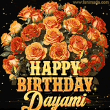 Animated bouquet of orange roses with moving butterfles and golden 'Happy Birthday Dayami' text, surrounded by sparkling accents and a dark backdrop for a luxurious feel.