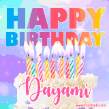 A vibrant animated name GIF with the words 'Happy Birthday Dayami' with colorful candles on a creamy cake. The background sparkles with pastel shades, adding a festive touch.