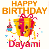 A vibrant and funny gift box character with a happy face dancing with a cupcake and the text 'Happy Birthday Dayami,' surrounded by animated confetti and party vibes.