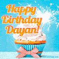 A cheerful animated GIF of a cupcake with creamy frosting, a red checkered ribbon, and a bright sparkler on top. The text 'Happy Birthday Dayan!' is displayed in vibrant orange and red.