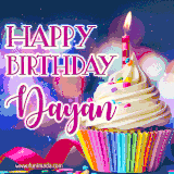 A festive animated GIF featuring a colorful cupcake with a single lit candle, sprinkles, and 'Happy Birthday Dayan' text against a sparkling, celebratory background.