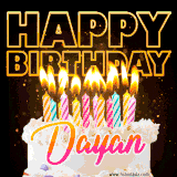 A vibrant animated GIF featuring a delicious birthday cake topped with glowing candles and the name 'Dayan' in elegant script, and the words 'Happy Birthday' on the black background.