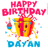 A funny animated birthday GIF with the words 'Happy Birthday Dayana', colorful gift box with arms and legs, holding a cupcake with a lit candle  with confetti everywhere.