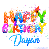Animated GIF with colorful, festive 'Happy Birthday Dayan' text decorated with patterns, a party hat, and falling confetti. A vibrant and cheerful design for birthday celebrations.
