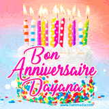 A white birthday cake covered in colorful sprinkles, topped with bright candles, and French text 'Bon Anniversaire Dayana' on a pastel gradient background in an animated GIF.