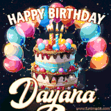 Bright birthday animation for Dayana with a chocolate cake, candles, balloons, and glowing celebratory lights.