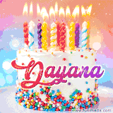 A cheerful white birthday cake with multicolor sprinkles, lit candles, and 'Dayana' written in vibrant letters, in an animated GIF.